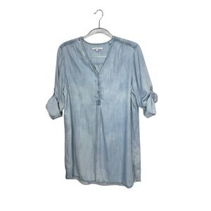 Foxcroft size 12 100% Tencel Chambray Popover Tunic Blouse 3/4  Roll Tab Sleeves
